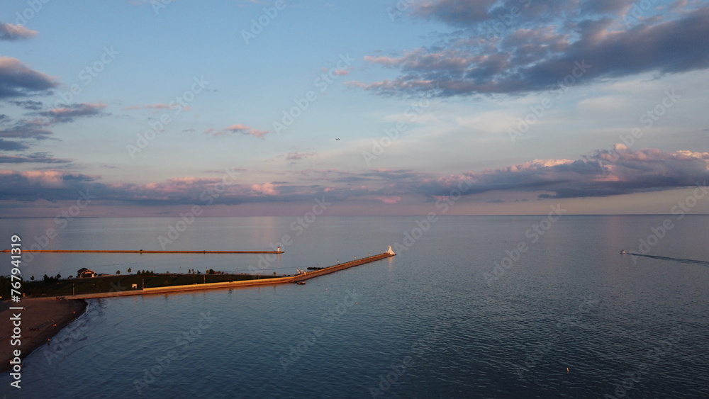 Lake Erie Ontario, The great lake sunset by drone. This is Port Stanley beach 