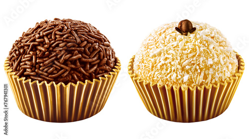 sobremesa brasileira de chocolate brigadeiro e sobremesa brasileira de coco beijinho isolado em fundo transparente