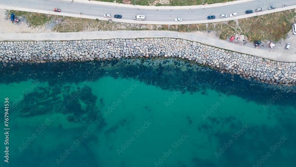 Aerial view of a road with cars near the Beylikduzu coast in Istanbul, Turkey