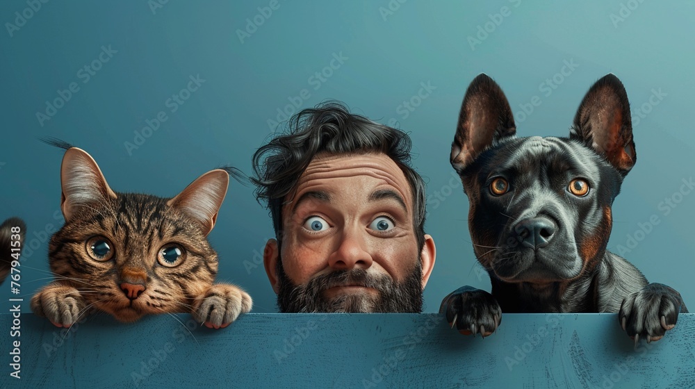 The Trio of Curiosity Illustrate the man with a beard peeking over a blue edge, flanked by a curious dog and cat on either side