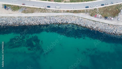 Aerial view of a road with cars near the Beylikduzu coast in Istanbul, Turkey