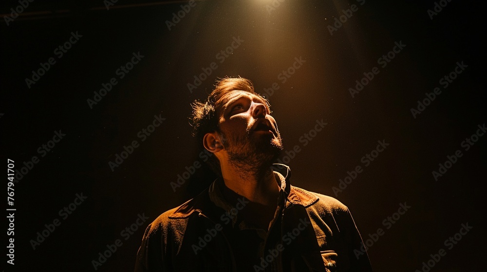Fototapeta premium Spotlight Surprise Capture the surprised man illuminated by a spotlight against a dark black background, highlighting his astonishment and creating a sense of theatricality and suspense ,high detailed