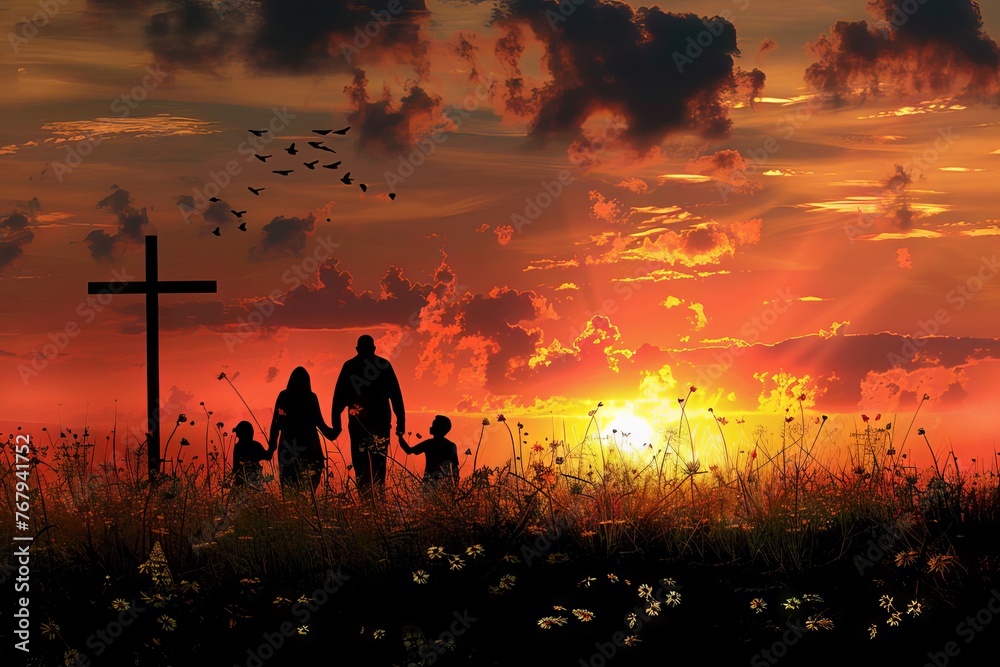 Silhouette of family walking towards vibrant sunset, Christian faith and togetherness, vector illustration