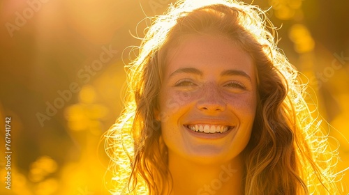 Golden Sunshine Capture the woman with a radiant smile against a bright yellow background, reminiscent of warm sunshine Her joyful expression adds to the luminous atmosphere of the scene