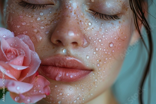 Close-up of the clean skin of a sensual beautiful woman with a rose and water droplets on her face.