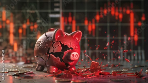 Tight shot on a shattered piggy bank with a financial crisis chart behind, illustrating loss and despair ,high resolution photo