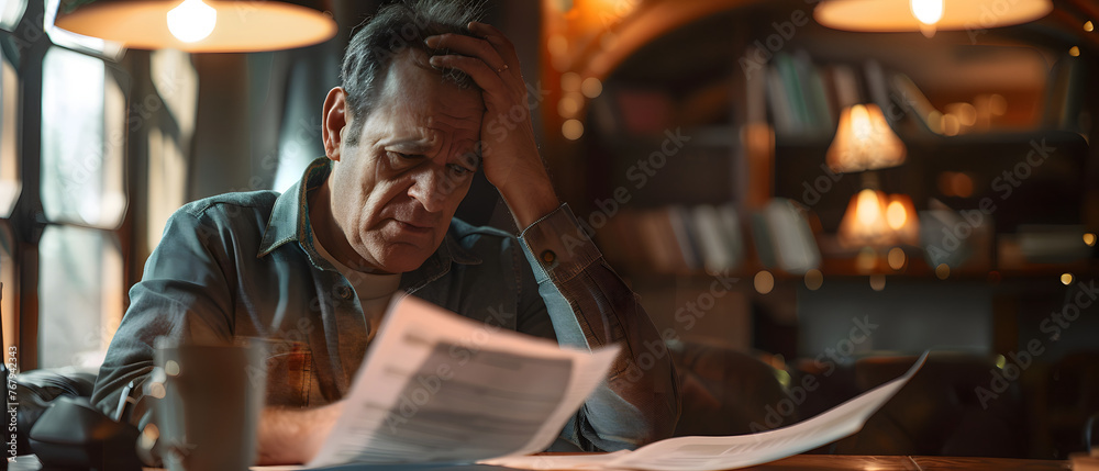 Upset business owner reading negative mail, concerned about taxes, debt, and money issues. Upset business owner reading negative mail, concerned about taxes, debt, and money issues.
