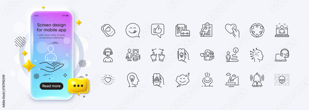 Fototapeta premium Difficult stress, Woman love and Move gesture line icons for web app. Phone mockup gradient screen. Pack of Consultant, Support, Sleep pictogram icons. Vector