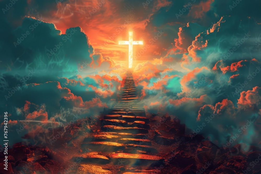 Stairway to heaven leading to glowing cross, spiritual journey to salvation and enlightenment, digital illustration - obrazy, fototapety, plakaty 