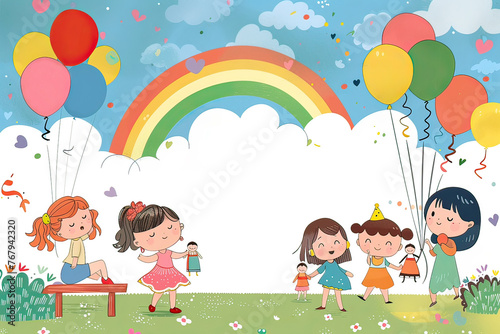 Happy Children's Day greeting card. Cartoon children in the park, festive background. Generative AI.