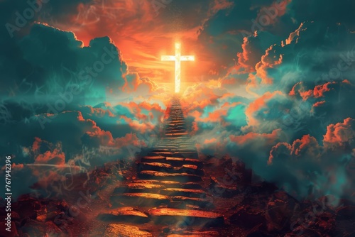 Stairway to heaven leading to glowing cross, spiritual journey to salvation and enlightenment, digital illustration photo