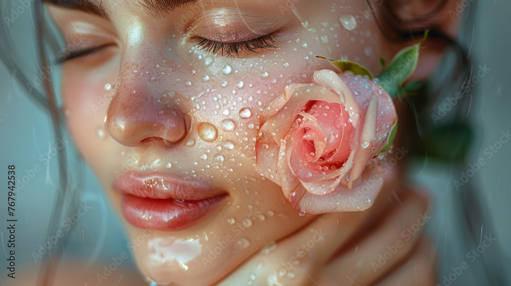 Close-up of the clean skin of a sensual beautiful woman with a rose and water droplets on her face. Panoramic banner. Close-up of the clean skin of a sensual beautiful woman with a rose and water droplets on her face. Panoramic banner.