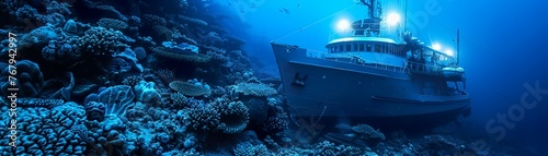 Vintage oceanographic vessel above a coral reef, launching probes into dark matter anomalies underwater