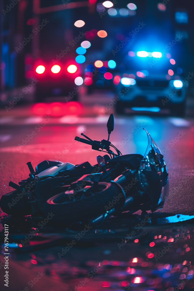 Damaged motorcycle lay on asphalt road, traffic rules violation. Police car with flashing lights in the background - obrazy, fototapety, plakaty 