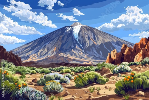 Teide National Park landscape with volcanic mountains, Tenerife, Canary Islands, travel illustration