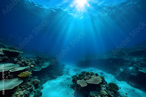 Underwater Ocean - Blue Abyss With Sunlight - Diving And Scuba Background © Linggakun