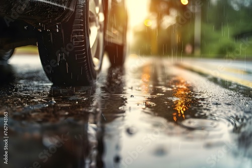 Close-up of car tires on wet road in daylight highlighting driving safety and potential hazards. Concept Car safety, Wet road conditions, Tire treads, Driving tips, Hazard awareness
