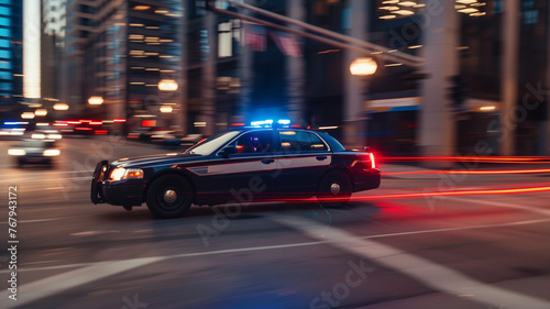 Police car in motion blur with flashing lights on city street at night