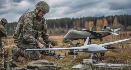 soldiers preparing small drones for attack on enemy forces
