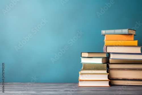 Stack of books on blue background. Study, school, education, learning and teaching concepts.