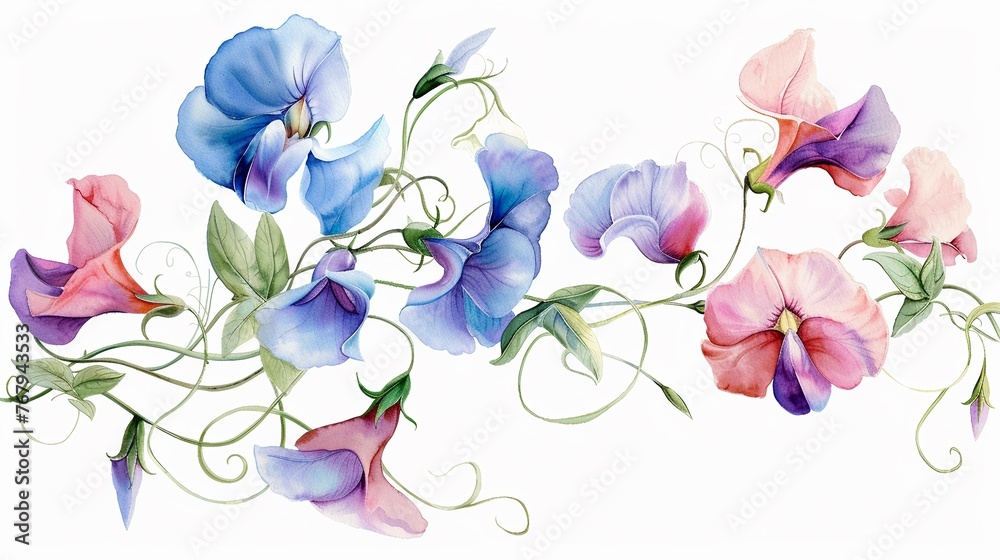 Watercolor sweet pea clipart with pastelcolored blooms and curly tendrils ,clean sharp focus - obrazy, fototapety, plakaty 
