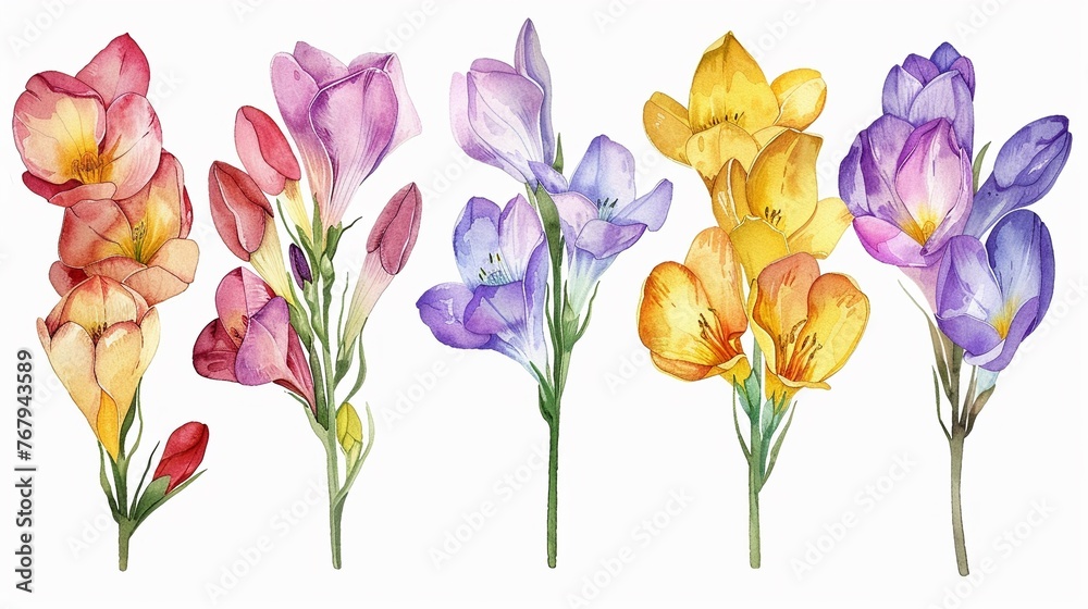 Watercolor freesia clipart with fragrant blooms in various colors ,clean sharp focus - obrazy, fototapety, plakaty 