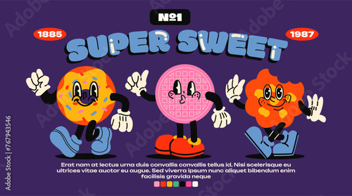 Sweet bakery mascot characters in cartoon style with gloved hands. Donut, cookies, waffle, bright groovy vector poster in retro 90s style