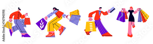 Cartoon characters shopping in retro 90s style. People are running with shopping bags. Discounts, sale, black Friday. Online shopping doodle women hand drawn