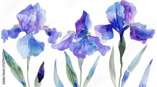 Watercolor iris clipart with intricate purple and blue blooms ,clean sharp focus