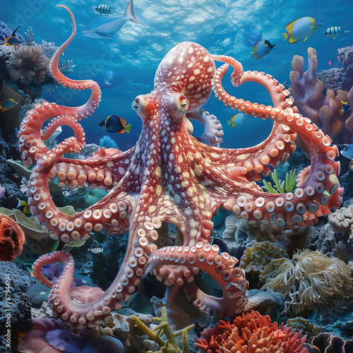 Octopus in a coral reef with corals and fish.