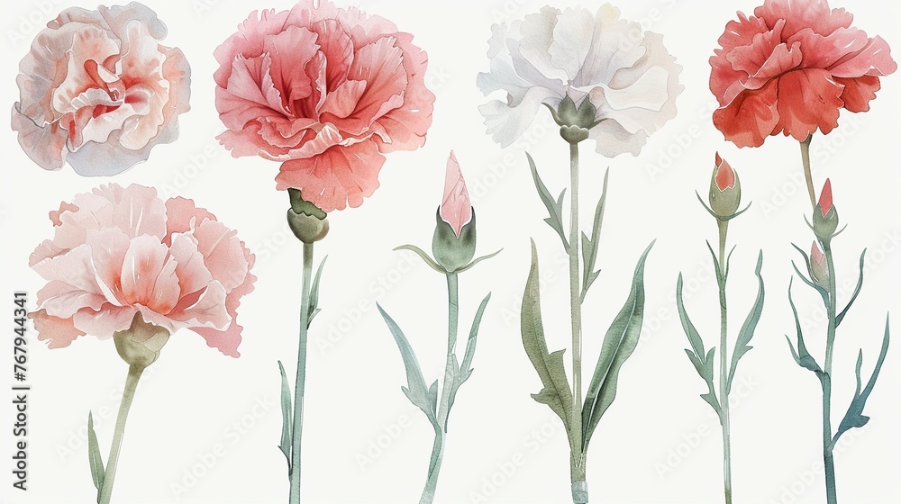 Watercolor carnation clipart in various colors, including pink, red, and white ,soft shadowns