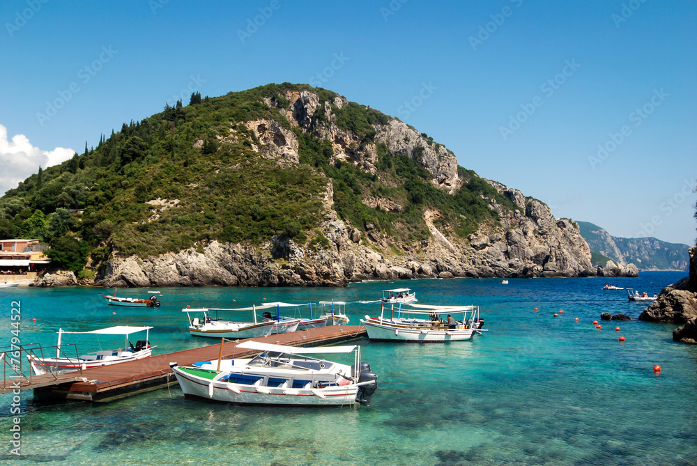 View from Agios Spyridonas beach in Palaiokastritsa village in northwestern Corfu Island, Greece