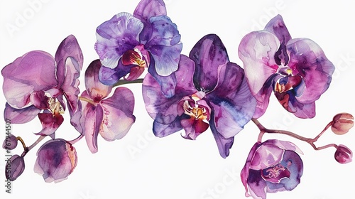 Watercolor orchid clipart featuring exotic blooms in purple and pink hues ,clean sharp focus