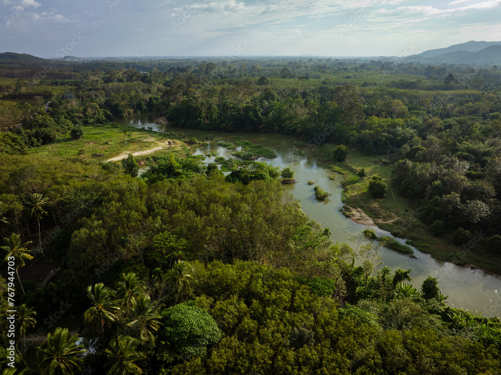 Aerial view tropical rainforest green tree with river ecology enveronment