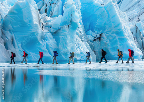 group of people walking on the ice and snow in front of blue glacier, patagonia landscape with mountains background