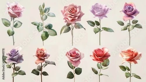 Watercolor rose clipart in various colors and angles , 3D render