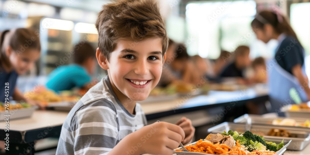smiling european schoolboy eating his school lunch in the canteen, school meals day, banner