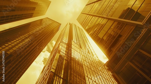 Capture the essence of modern finance with a lowangle shot of towering skyscrapers, golden hues reflecting opulence and power, symbolizing the role of gold in financial systems