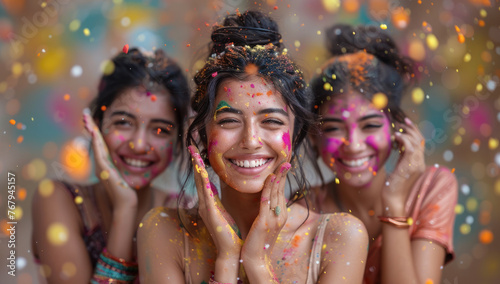 Happy Indian woman in traditional Indian dress with colorful powder on her face smiling and celebrating the holi festival © Intel