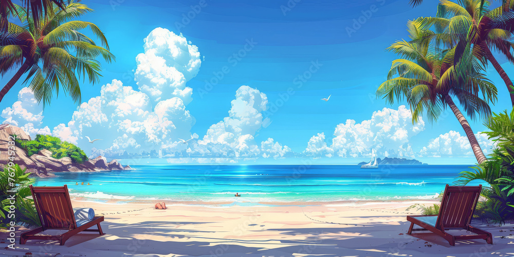 Beautiful beach with palm trees and sunbeds or chairs on the white sand on blue sky background,  vacation banner ,copy space - obrazy, fototapety, plakaty 