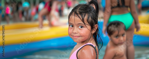 Portrait of a fictional smiling cute little girl at a pool - in banner size with copy space. Concept of time of comfort and connection in the summer season, candid shots and daily moments of life.