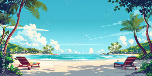 Beautiful beach with palm trees and sunbeds or chairs on the white sand on blue sky background,  vacation banner ,copy space