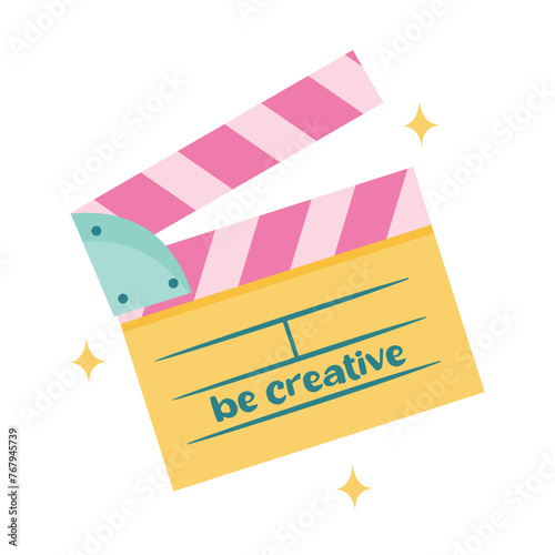 Ilustration vector of movie clapboard in yellow and pink with be creatie text photo