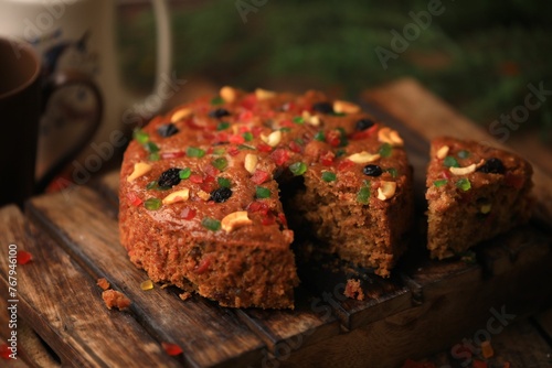 Canvastavla Christmas cake ,plum cake served on a table closeup with selective focus and blu