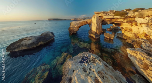 Photo of the natural arch in Malta, near Gozo Island at sunset. The arch is blue with rock formations and a water pool below it. The arch is at sea level, with a view from top to bottom