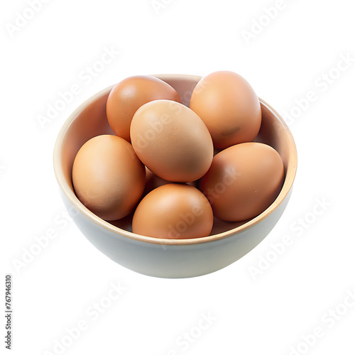 Chicken eggs in a bowl close-up, isolated on a transparent background.