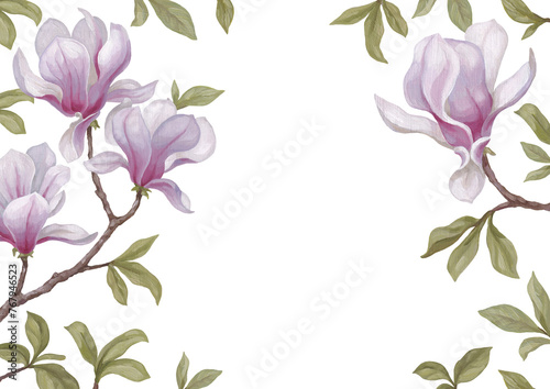 Hand painted acrylic illustration of magnolia flower. Perfect for poster, home textile, packaging design, stationery, wedding invitations and other prints (ID: 767946523)