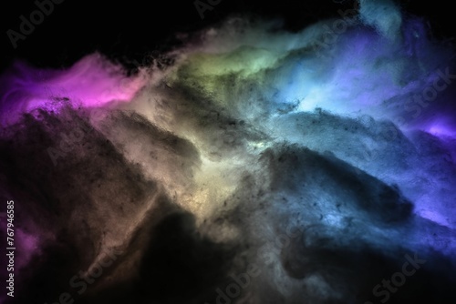 Photography Vibrant array of powder being thrown against a dark background, creating an imag