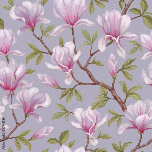 Hand painted acrylic illustrations of magnolia flowers. Seamless pattern design. Perfect for fabrics, wallpapers, clothes, home textile, packaging design and other prints (ID: 767946586)