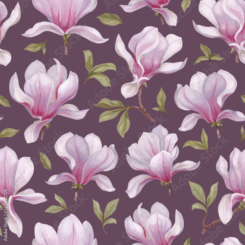 Hand painted acrylic illustrations of magnolia flowers. Seamless pattern design. Perfect for fabrics, wallpapers, clothes, home textile, packaging design and other prints (ID: 767946709)